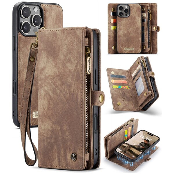 CaseMe Kunstlederen 2-in-1 Portemonnee Bookcase iPhone 16 Pro Bruin